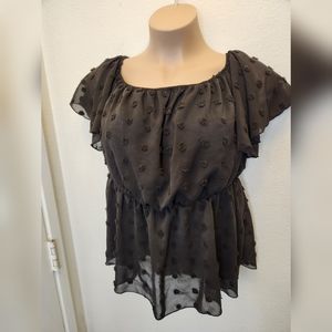 SHEIN Swiss Dot Off The Shoulder Peplum Blouse Sheer Bottom Half